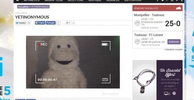 photo déguisé en yéti, il menaçait de « paralyser le site jusqu'à ce que l'on serve de la tartiflette dans les buvettes » du stadium les jours de matches. &copy; capture d'écran