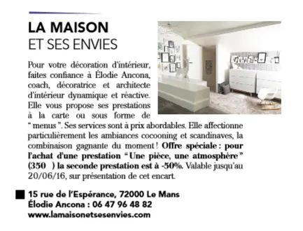 photo elle magazine du 20 mai 2016, elodie ancona, architecte d'intérieur au mans. 