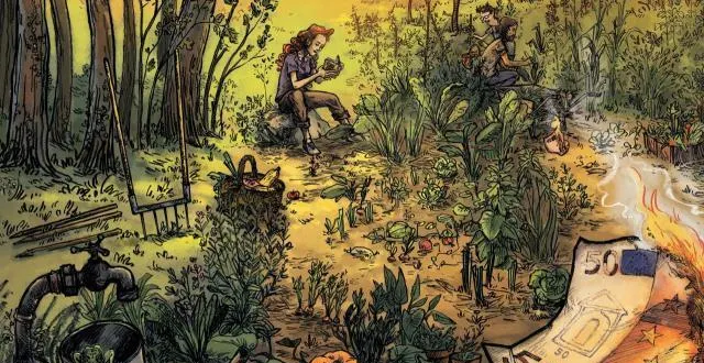 photo dans le monde imaginé par les personnages de marc chinal, il n’y a plus de monnaie (extrait du dessin de couverture). &copy; dr