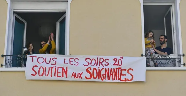 photo le mans, mercredi 18 mars 2020. la banderole de soutien, accrochée à la façade, n’est pas terminée, elle va s’adresser également à tous ceux qui travaillent. &copy; le maine libre – yvon loué