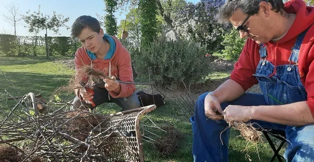 photo vendredi 17 avril. grégoire ferré et son fils gabin en pleine séance de greffage. &copy; la maison ferré