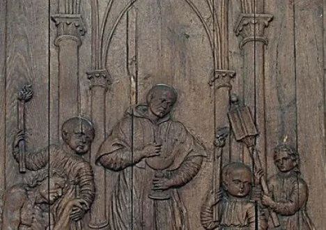 photo dans la chapelle de l'ancien hôpital saint-jean, une boiserie évoque l'épidémie de peste au xvie siècle. &copy; françois comte / musées d'angers.