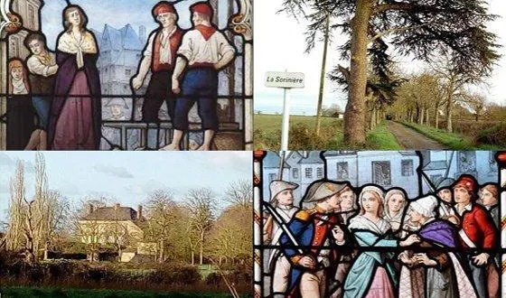 photo le château et l’arrestation des dames de la sorinière – extraits du vitrail de d’elbée – clichés et montage j-c michon.