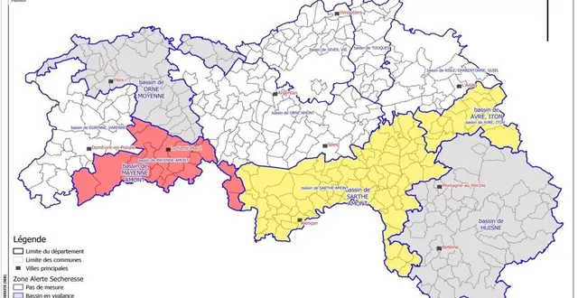 photo sur cette carte réalisée par la direction départementale des territoires, sont précisées les zones d'application des mesures de restriction de l'usage de l'eau. &copy; ddt