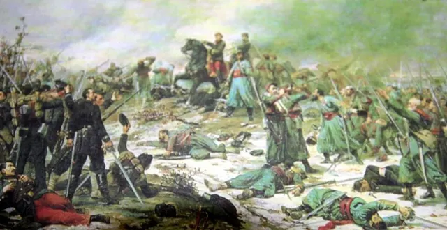 photo détail du tableau de lionel royer, « bataille d’auvours, le 10 janvier 1871 ». &copy; lionel royer