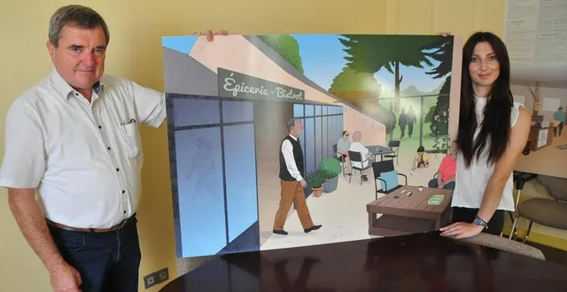 photo  jean-yves denis, maire de crosmières, et margaux bourdais, agent de développement, autour d’une illustration (signée anthony cocain) de ce que pourrait être la future épicerie-bistrot.  &copy;  archives le maine libre 