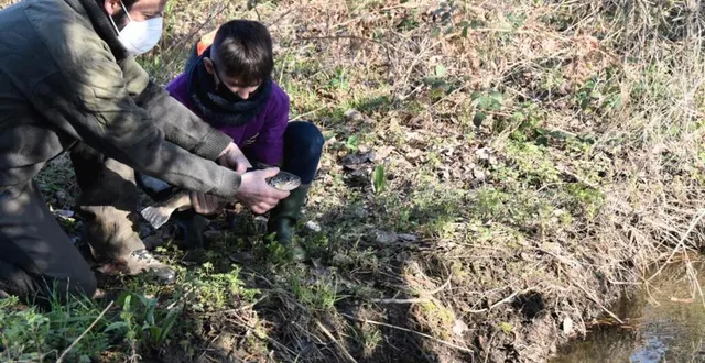 photo  la mise à l’eau de sa première truite pour le jeune gabin aux côtés de son père cyril.  &copy;  le maine libre 