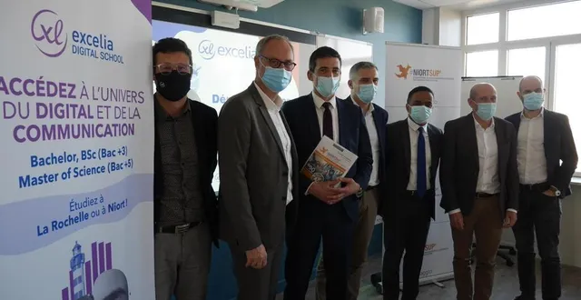photo  pascal capellari, directeur des écoles spécialisées du groupe excelia, et bruno neil, directeur général (au premier plan), aux côtés des partenaires institutionnels et économiques réunis ce lundi 1er mars, dans les locaux de niort tech.  &copy;  co – gabin chamereau 