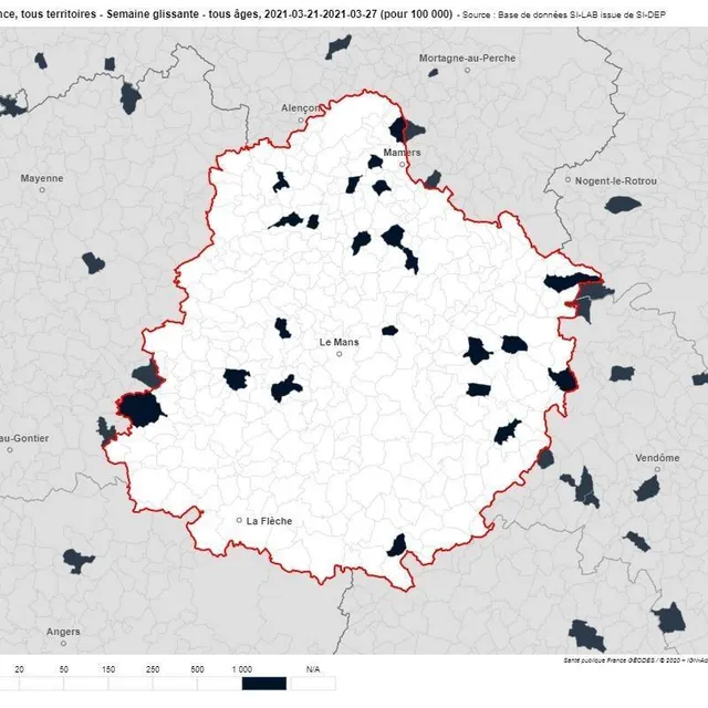 photo les communes de sarthe où l’incidence dépasse 1 000 cas pour 100 000 habitants.  ©  geodes/santé publique france.