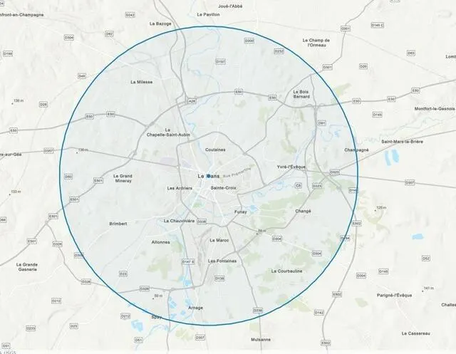 photo si vous habitez le mans, voici un aperçu du rayon de 10 km autorisé autour de chez vous.  ©  capture d’écran esri france