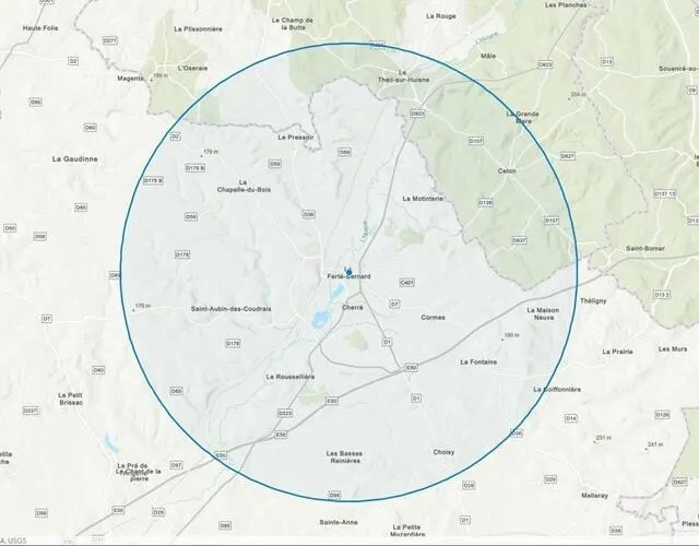 photo si vous habitez la ferté-bernard, voici un aperçu du rayon de 10 km autorisé autour de chez vous.  ©  capture d’écran esri france