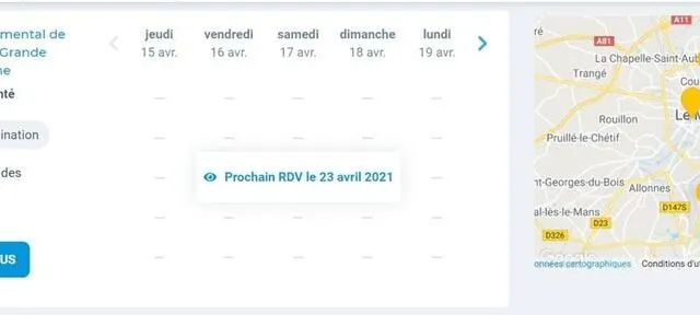 photo depuis ce jeudi 15 avril 2021, il est possible de prendre rendez-vous sur le site doctolib pour obtenir un créneau de vaccination dans le vaccinodrome du mans.  ©  capture doctolib.fr