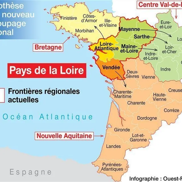 photo les associations avancent plusieurs hypothèses pour un nouveau découpage territorial. la région pays de la loire pourrait, par exemple, se fondre dans deux régions voisines : nouvelle aquitaine et centre val-de-loire.  ©  infographie ouest-france