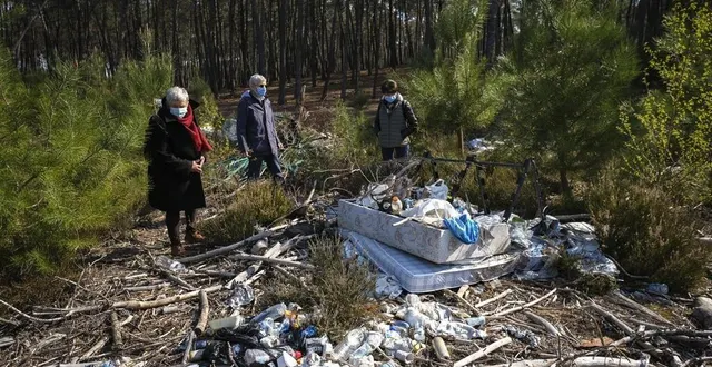 photo  irène boyer, dominique et chantal blossier, présidente de l’association de défense de l’environnement grain de sable et pomme de pin constatent l’entassement de détritus : la pinède appartenant à des propriétaires privés sert de déchetterie à des personnes sans scrupule.  &copy;  le maine libre – denis lambert 