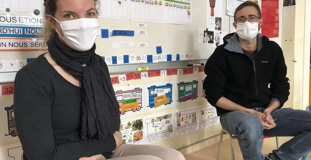 photo  émilie rustique et pierre babarit, enseignants de maternelle, ont le sentiment d’être protégés du covid-19 avec le masque et le gel.  &copy;  ouest-france 