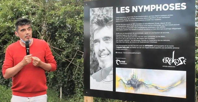 photo  le plasticien condéen, franck hucher, dit erékosé, présente son exposition « les nymphoses », sur la voie verte. ouest-france 