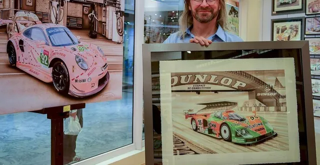 photo  françois bruère présente l’un de ses derniers tableaux : la mazda victorieuse des 24 heures du mans 1991.  &copy;  le maine libre – yvon loué 