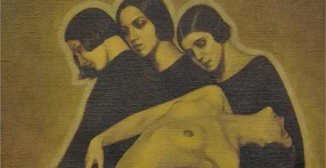 photo  trois femmes vêtues de noir retenant un nu féminin.  &copy;  étude me thomas 