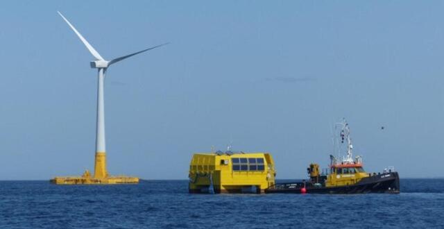 photo l’éolienne flottante floatgen et la plateforme houlomotrice wavegem fonctionnent déjà sur le site sem-rev.