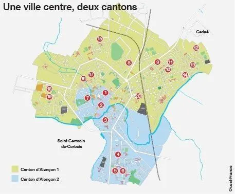 photo la ville d’alençon - et ses 20 bureaux de vote - est coupée en deux. d’un côté, alençon 1 avec cerisé ; de l’autre, alençon 2 avec saint-germain-du-corbéis.  ©  service infographie ouest-france