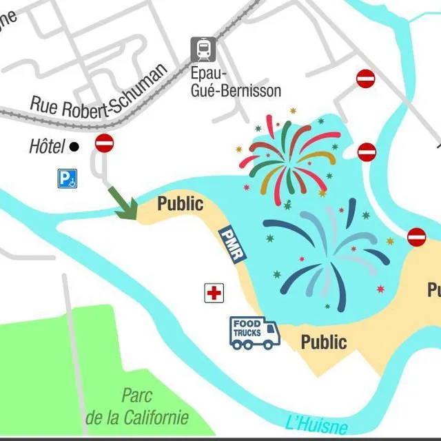 photo le plan d’accès pour les feux d’artifice à l’île aux sports  ©  infographie le maine libre