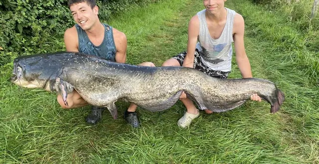 photo  vaas, vendredi 23 juillet 2021. christophe dumont, ici avec son frère damien, a pêché un silure de 2,20 mètres sur le loir. il a été tiré sur 200 mètres de rivière à bord de son float tube.  &copy;  photo collection privée 