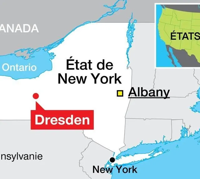 Le village de Dresden, qui compte 300 habitants, est situé à 350 km au nord de New York. INFOGRAPHIE OUEST-FRANCE photo le village de dresden, qui compte 300 habitants, est situé à 350 km au nord de new york. © infographie ouest-france