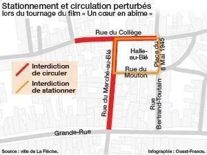 photo infographie représentant les lieux concernés par l’interdiction de stationner et de circuler à l’occasion du tournage d’un cœur en abîme à la flèche.  ©  ouest-france