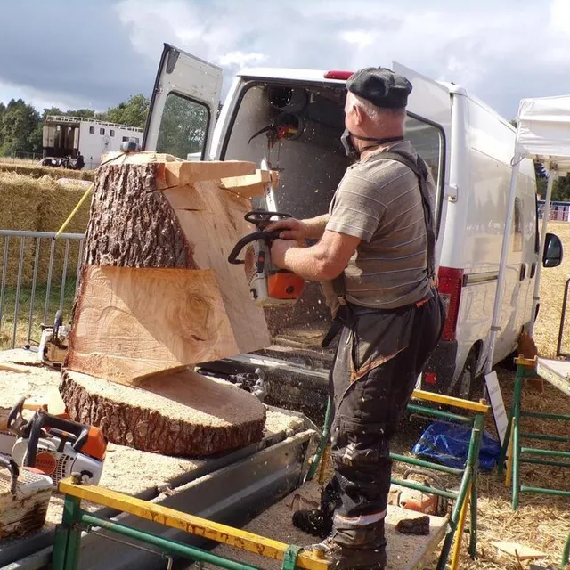 Gérard Ferruel, l’artiste à la tronçonneuse a réalisé une tête de cheval et là , s’attaque à une tête bovine. Ouest-France photo gérard ferruel, l’artiste à la tronçonneuse a réalisé une tête de cheval et là , s’attaque à une tête bovine. © ouest-france