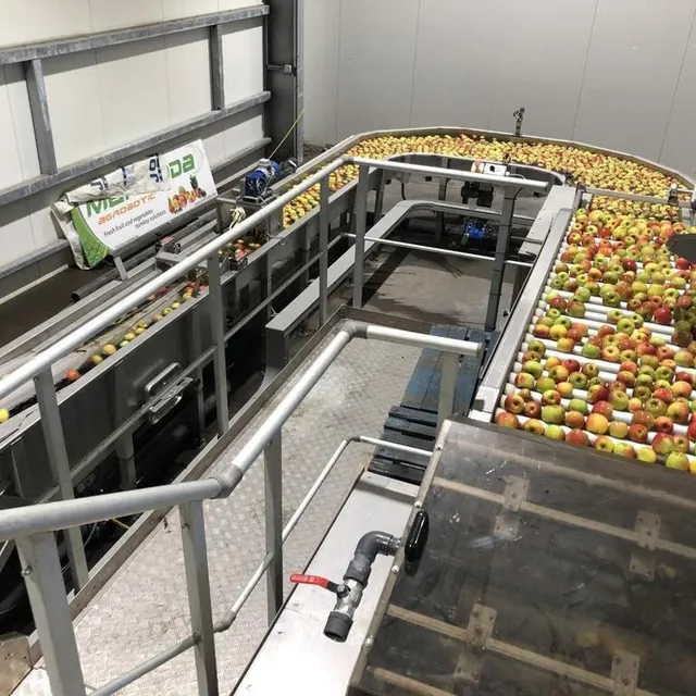 photo la précalibreuse, où les pommes sont triées en 25 catégories, en fonction de leur poids, de leur couleur, de leur calibre…  ©  ouest-france