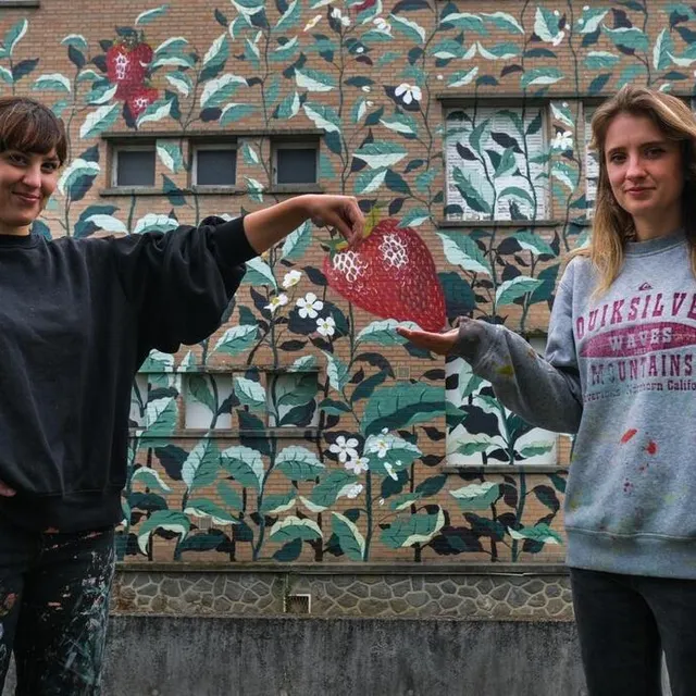 photo laura villedieu et mathilda conversy devant la fresque réalisée sur l’ancienne maternité du mans.  ©  photo le maine libre – denis lambert