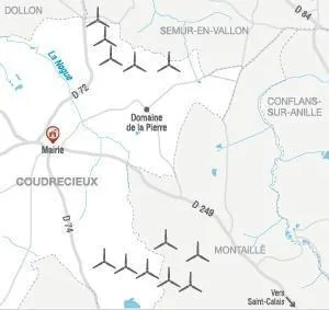 photo les douze éoliennes seraient réparties sur les communes de coudrecieux et montaillé.  ©  infographie le maine libre - bruno seli
