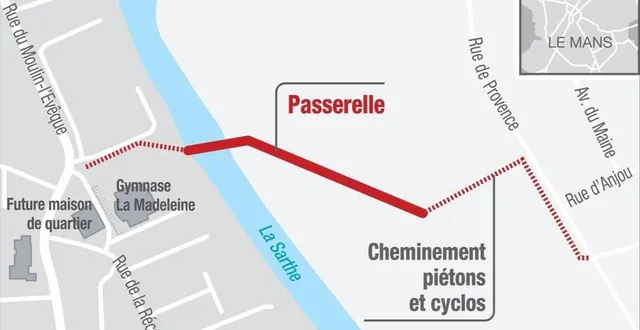 photo  l’ouvrage sera constitué précisément d’une passerelle au-dessus de la sarthe puis d’une estacade côté saint-pavace.  &copy;  infographie le maine libre 