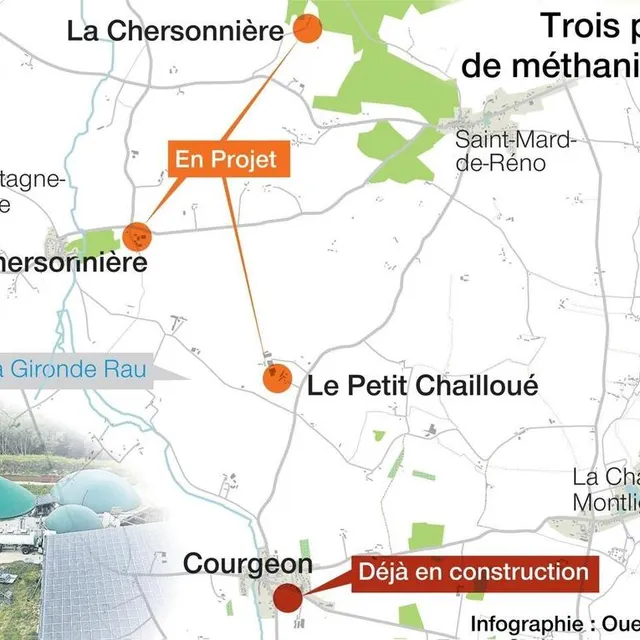 photo sur un kilomètre et demi, trois unités de méthanisation devraient être construites à saint-mard-de-réno dans l’orne.  ©  infographie ouest-france