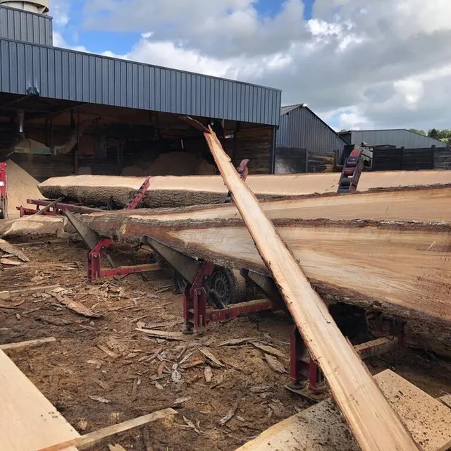photo de longues planches sont d’abord découpées pour obtenir la poutre à la bonne dimension.  ©  ouest-france