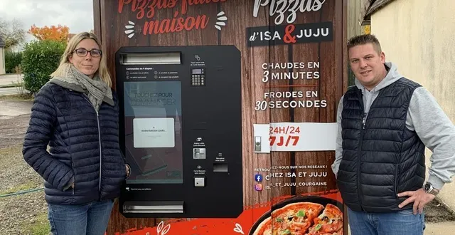 photo  isa et juju ont inauguré leur deuxième distributeur à pizzas, situé dans la rue du vairais à saint-rémy.  &copy;  le maine libre 