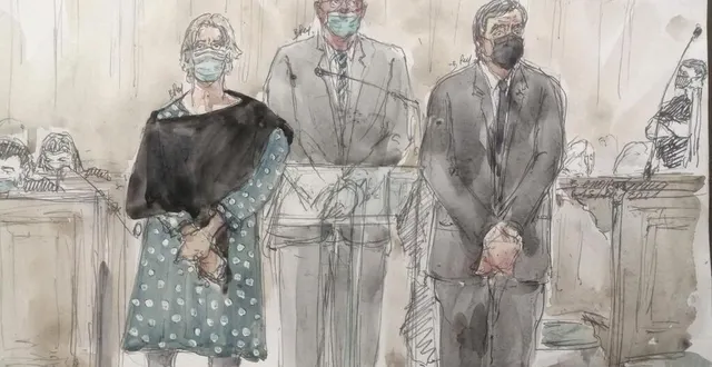 photo  penelope fillon, marc joulaud et françois fillon représentés dans un dessin d’audience réalisé le 15 novembre 2021 à l’ouverture de leur procès en appel à paris.  &copy;  benoit peyruck / afp 