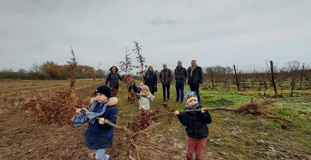 photo  le domaine haute-perche a lancé un projet en lien avec les écoles locales. ici, les élèves de l’école condorcet de soulaines-sur-aubance apportent leur aide à la plantation, avec l’aide de parents d’élèves et de leurs professeures.  &copy;  ouest-france 
