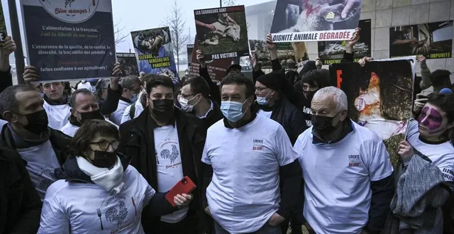 photo  le mans, vendredi 28 janvier 2022. christiane lambert, à la tête d’une délégation d’agriculteurs, arrive au palais de justice. le contact avec les animalistes est tendu, mais sans heurts.  &copy;  photo le maine libre-denis lambert 