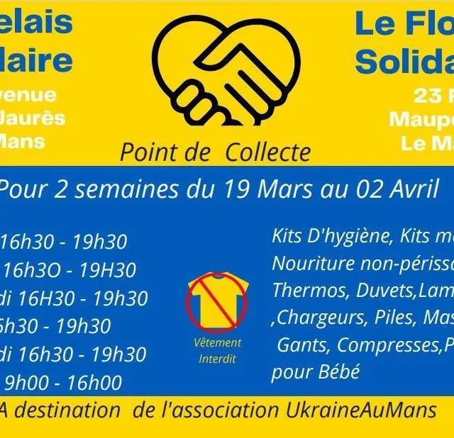 photo le foyer jeunes travailleurs du mans (sarthe) récoltent des dons pour venir en aide aux ukrainiens du samedi 19 mars au 2 avril 2022.  ©  facebook/valentin lefeuvre/ukraine au mans