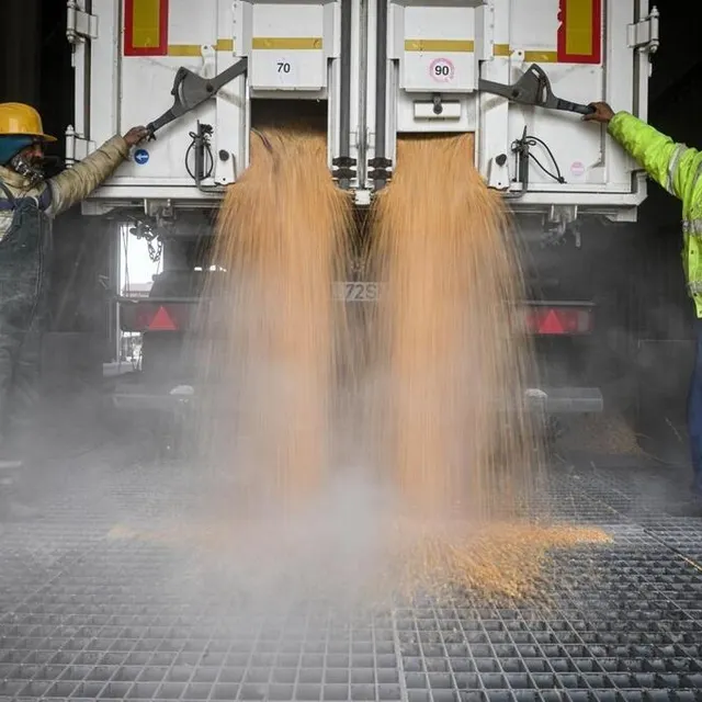 photo les céréales ukrainiennes arrivent en camion, faute de pouvoir utiliser les voies de chemin de fer dont les écartements ne sont pas les mêmes entre ukraine et roumanie.  ©  afp
