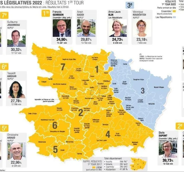 photo la carte des duels en maine-et-loire au second tour des élections législatives 2022, dimanche 19 juin.  ©  infographie co
