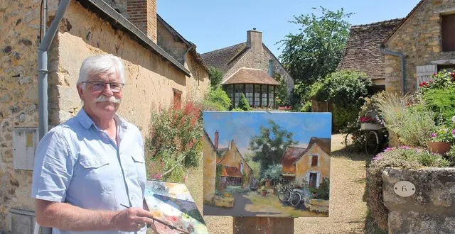 photo  michel, de souillé, devant la toile réalisée au cours du week-end, ce dimanche 12 juin 2022, à asnières-sur-vègre.  &copy;  ouest-france 