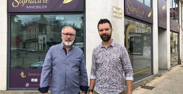 photo  martial hubert et dylan cottereau sont respectivement président et directeur de la nouvelle agence signature immobilier, située à l’angle de l’avenue leclerc et de la rue nationale, bien visible avec sa façade violette.  &copy;  le maine libre 