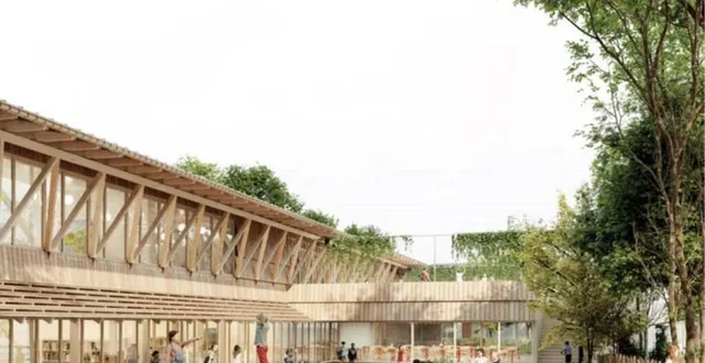 photo  l’esquisse de la future école du quartier vallée-d’auge a été présentée aux élus communautaires, avec une vue sur la cour principale.  &copy;  cabinet mwah et dauchez 