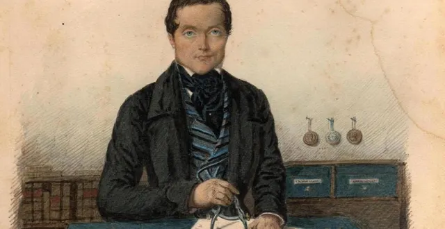 photo  un dessin de ernest-sylvain bollée : devant lui les instruments des fondeurs (diapason et compas avec documents de géométrie), à sa droite le carnet de notes et à sa gauche derrière lui, les médailles de concours obtenus avec ses cloches.  &copy;  collection privée famille bollée 