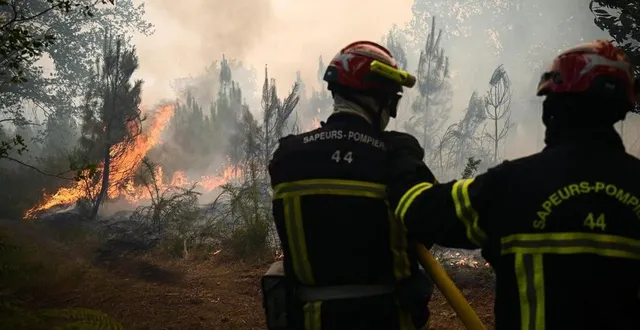 photo  des pompiers dans la forêt de landiras, le 18 juillet 2022.  &copy;  philippe lopez / pool / epa/maxppp 