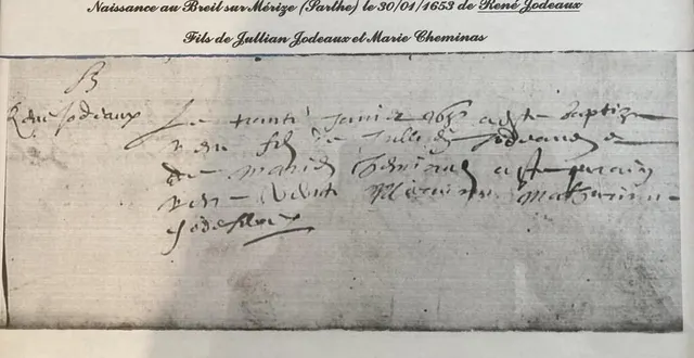 photo  le certificat de naissance de rené jodeaux en 1653.  &copy;  le maine libre 
