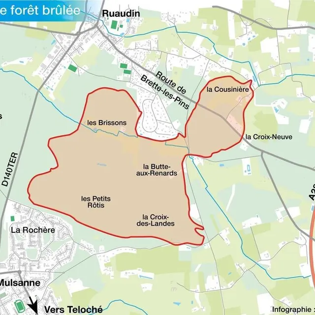 photo 330 hectares de forêts ont brûlé au sud du mans, en sarthe. l’incendie, qui a débuté lundi 18 juillet 2022, a principalement touché teloché, mulsanne et ruaudin.  ©  infographie ouest-france