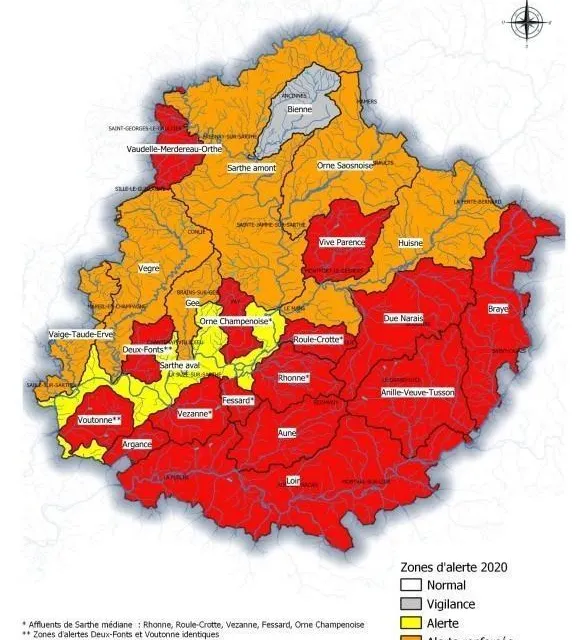 photo carte des bassins en crise au 7 août 2022.  ©  préfecture de la sarthe